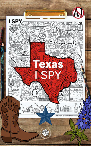 Texas I Spy - Printable United States activity for kids & adults. Black and white coloring page w 40 hidden pictures (5 each of 8 images).