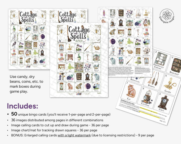 Cozy Witch Bingo - Cottage Spells - Fun activity for themed parties, forest woodland witchcore, magic, new age. 50 PRINTABLE unique cards.