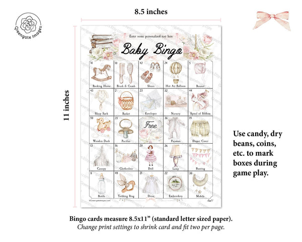 HEIRLOOM Baby Shower Bingo - 100 unique cards. PRINTABLE pdf, personalized game for groups of many sizes. Edit title text and add 1 photo.
