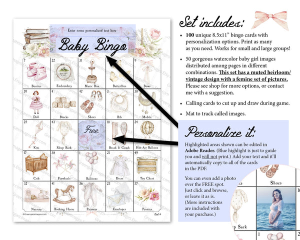 HEIRLOOM Baby Shower Bingo - 100 unique cards. PRINTABLE pdf, personalized game for groups of many sizes. Edit title text and add 1 photo.