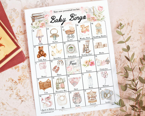 HEIRLOOM Baby Shower Bingo - 100 unique cards. PRINTABLE pdf, personalized game for groups of many sizes. Edit title text and add 1 photo.