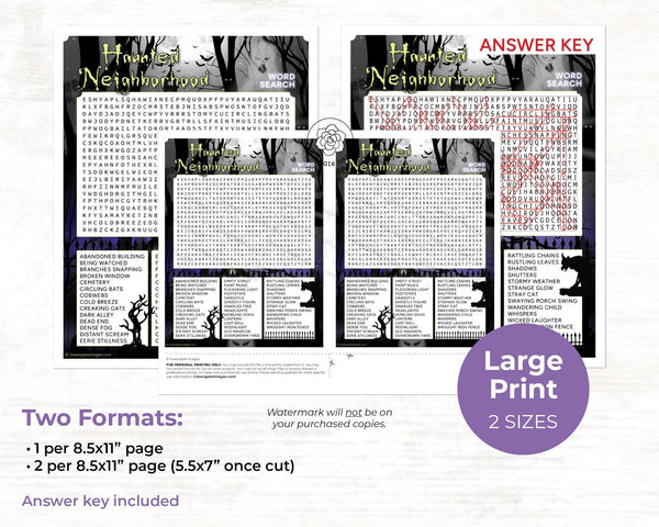 Haunted Neighborhood Word Search - PRINTABLE downloadable activity. Spooky, immersive word find for all ages. Lots of words & color artwork.