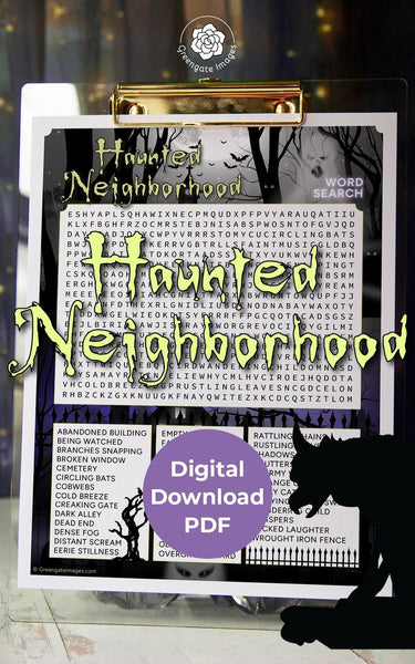 Haunted Neighborhood Word Search - PRINTABLE downloadable activity. Spooky, immersive word find for all ages. Lots of words & color artwork.