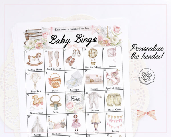 HEIRLOOM Baby Shower Bingo - 100 unique cards. PRINTABLE pdf, personalized game for groups of many sizes. Edit title text and add 1 photo.
