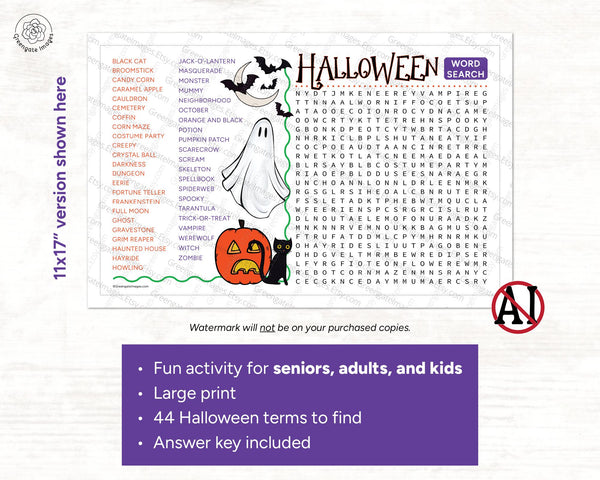 XL Halloween Word Search - PRINTABLE downloadable activity. Large print on 11x17" tabloid ledger page. Lots of words & color artwork.