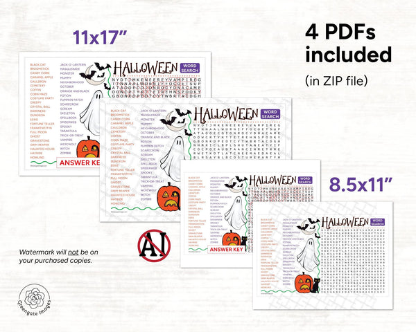 XL Halloween Word Search - PRINTABLE downloadable activity. Large print on 11x17" tabloid ledger page. Lots of words & color artwork.