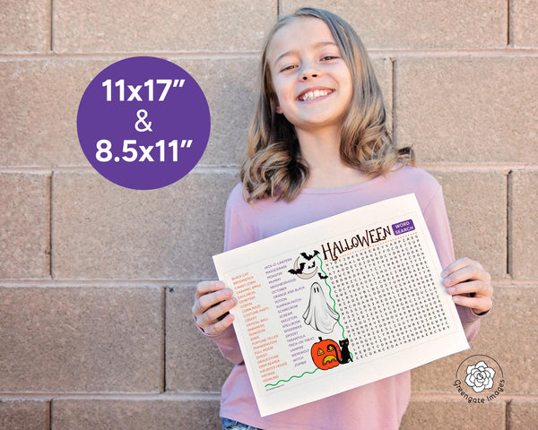 XL Halloween Word Search - PRINTABLE downloadable activity. Large print on 11x17" tabloid ledger page. Lots of words & color artwork.