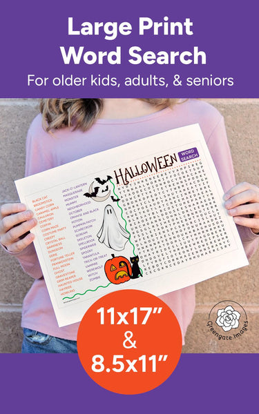 XL Halloween Word Search - PRINTABLE downloadable activity. Large print on 11x17" tabloid ledger page. Lots of words & color artwork.