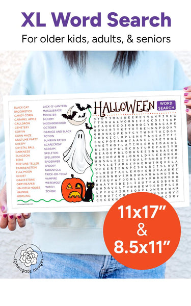 XL Halloween Word Search - PRINTABLE downloadable activity. Large print on 11x17" tabloid ledger page. Lots of words & color artwork.