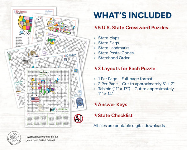 50 States Crossword Puzzles 5-Pack - Printable Digital Download by Greengate Images