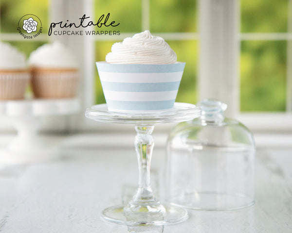 Light Blue Striped Printable Cupcake Wrapper - Printable Digital Download by Greengate Images