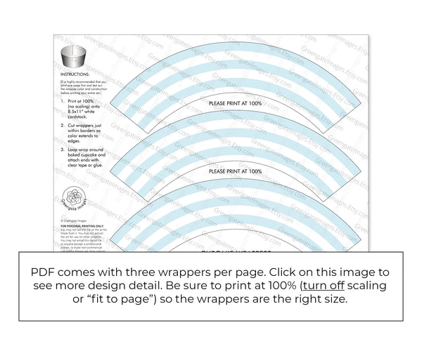 Light Blue Striped Printable Cupcake Wrapper - Printable Digital Download by Greengate Images