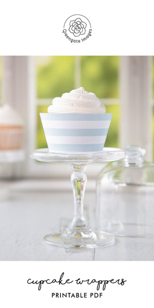 Light Blue Striped Printable Cupcake Wrapper - Printable Digital Download by Greengate Images