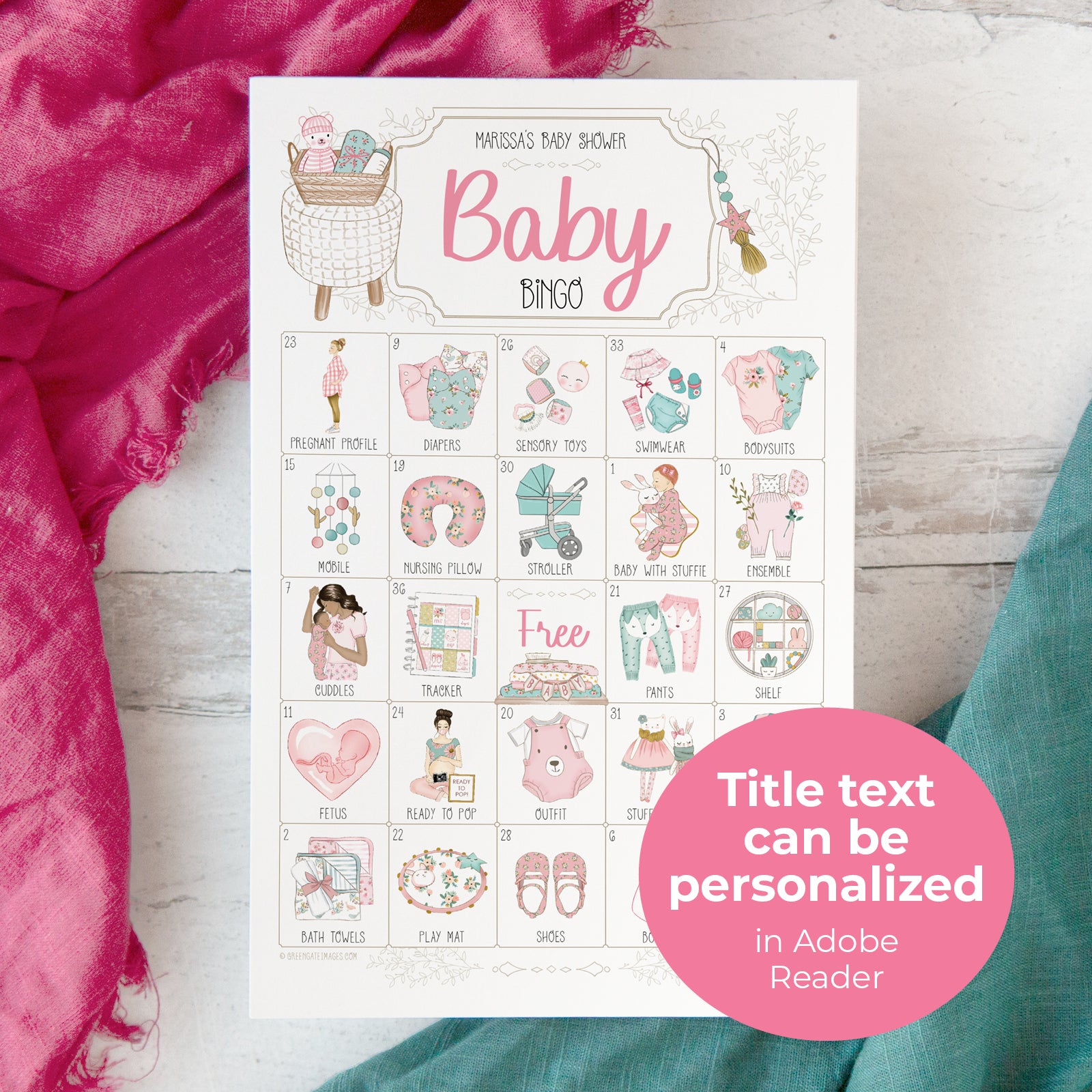 Pink & Aqua Baby Girl Bingo - Personalizable - Greengate Images