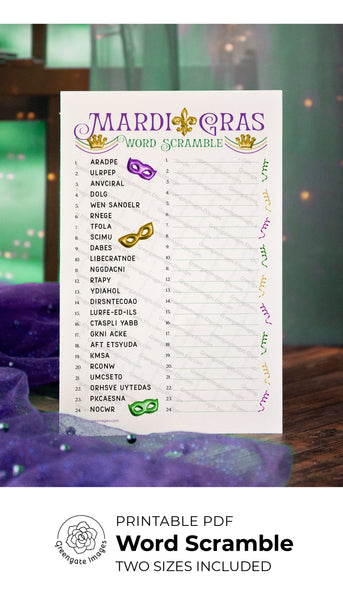 Mardi Gras Word Scramble Game - Printable Digital Download by Greengate Images