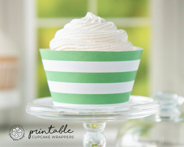Medium Green Striped Printable Cupcake Wrapper - Printable Digital Download by Greengate Images