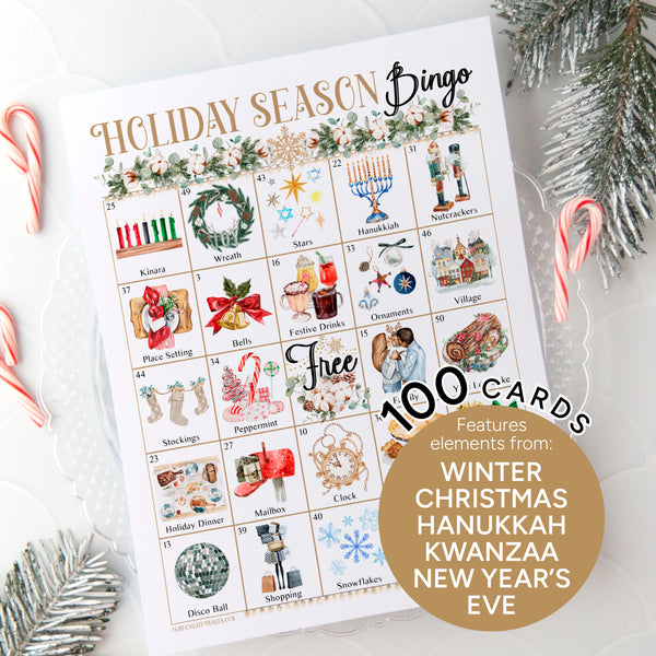 Holiday Season Bingo - 100 Cards - Printable Digital Download by Greengate Images