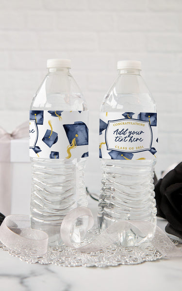 Graduation Water Bottle Label - Navy Blue Caps - Printable Digital Download by Greengate Images