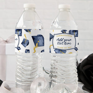 Graduation Water Bottle Label - Navy Blue Caps - Printable Digital Download by Greengate Images