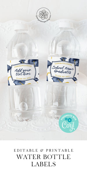 Graduation Water Bottle Label - Navy Blue Caps - Printable Digital Download by Greengate Images