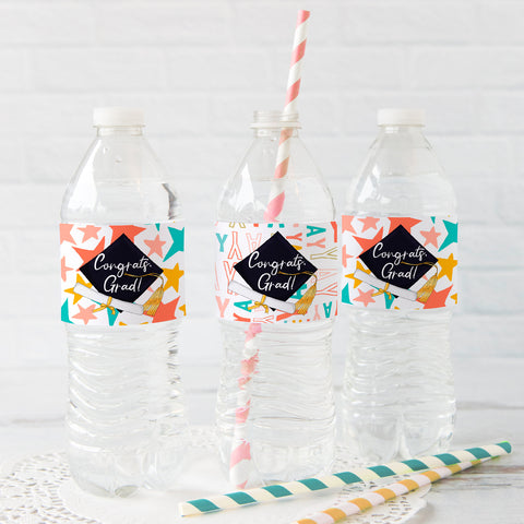 Graduation Water Bottle Labels - Colorful Yay and Stars