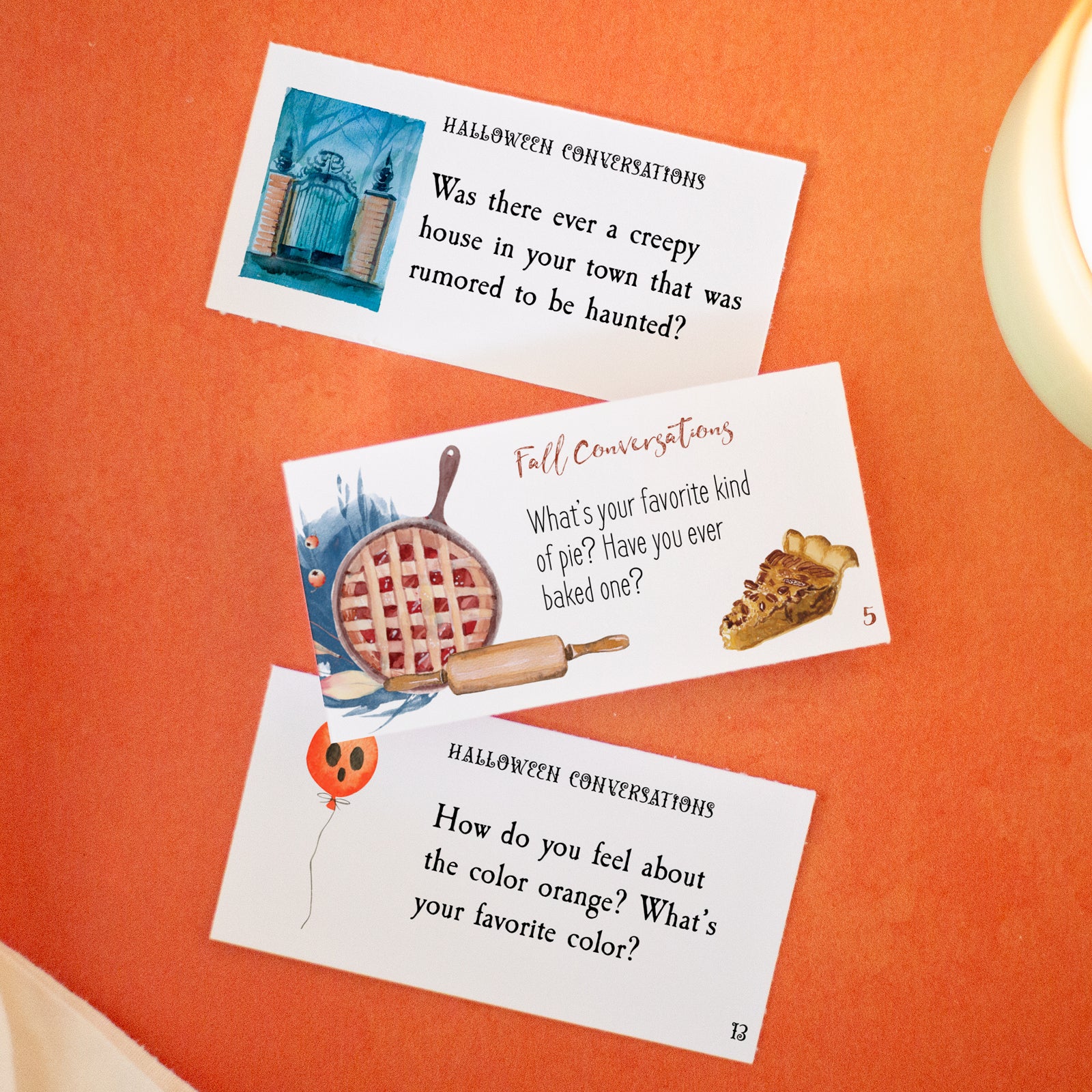 Printable fall and Halloween conversation cards with warm tones