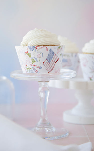 Pastel Patriotic Cupcake Wrappers - Flowers and American Flags