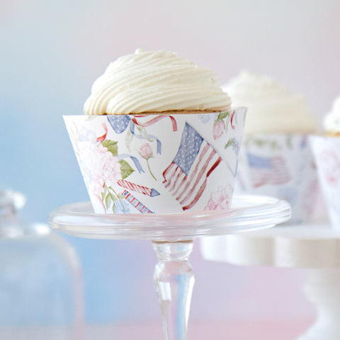 Pastel Patriotic Cupcake Wrappers - Flowers and American Flags