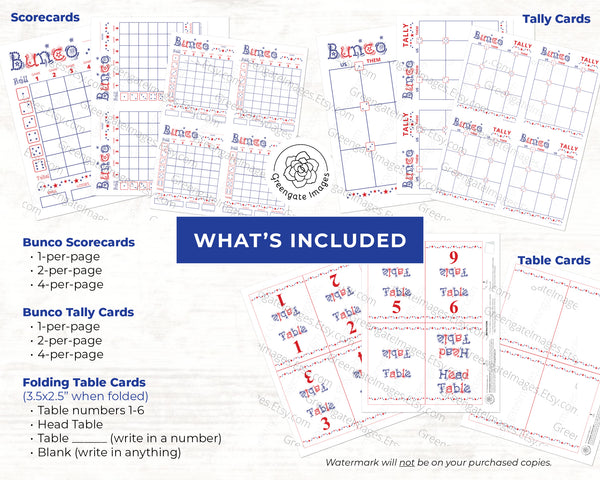 Bunco Scorecard Set - Patriotic - Greengate Images