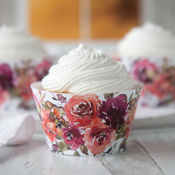 Floral Cupcake Wrappers - Rust and Burgundy Roses - Printable Digital Download by Greengate Images