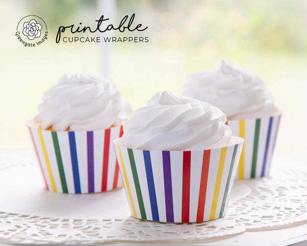 Rainbow Vertical Striped Cupcake Wrapper - Printable Digital Download by Greengate Images