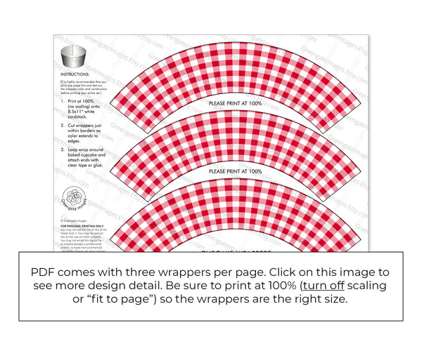 Red Gingham Cupcake Wrapper - Printable Digital Download by Greengate Images