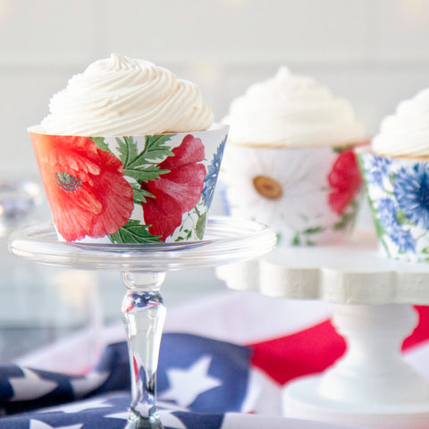 Red White Blue Floral Cupcake Wrappers - Poppies, Daisies, Cornflower