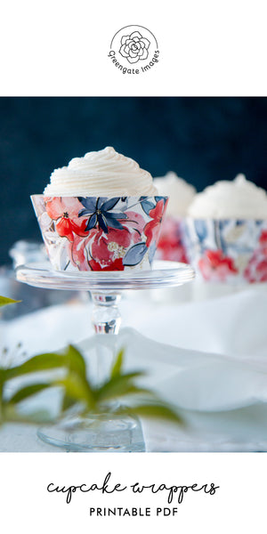 Patriotic Floral Cupcake Wrappers - Red/White/Blue/Gold