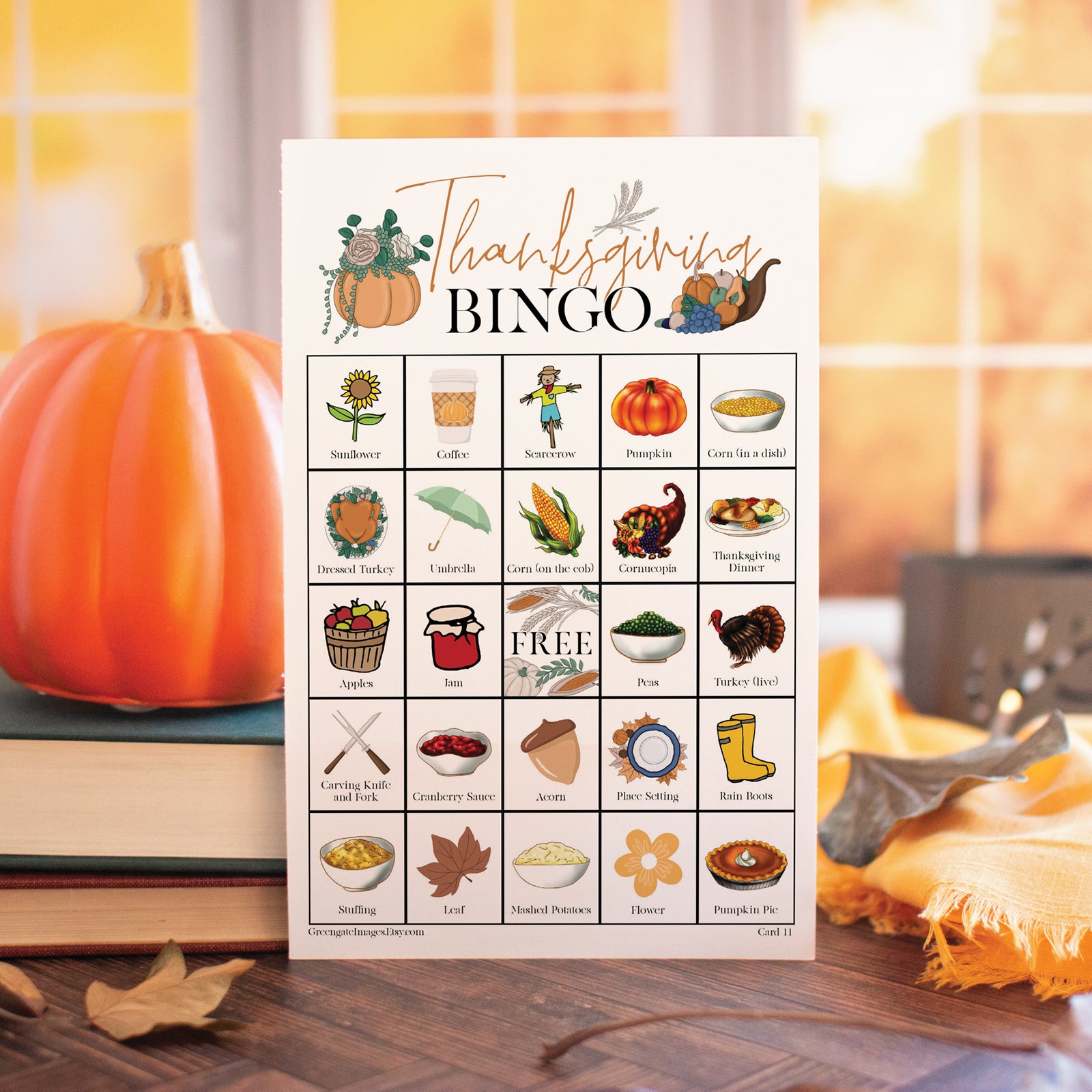 Thanksgiving Bingo - Color Illustrations – Greengate Images for Free Thanksgiving Printable Bingo Cards