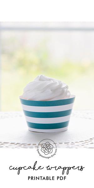 Teal Striped Printable Cupcake Wrapper - Printable Digital Download by Greengate Images
