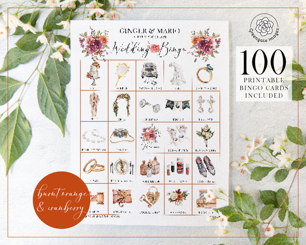 Wedding Bingo Cards - 100 card, Personalization, Burnt Orange and Cranberry - Greengate Images