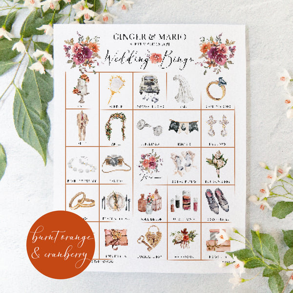 Wedding Bingo Cards - 100 card, Personalization, Burnt Orange and Cranberry - Greengate Images