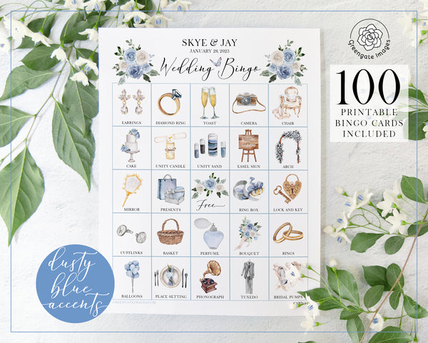 Wedding Bingo Cards - 100 card, Personalization, Dusty Blue - Greengate Images