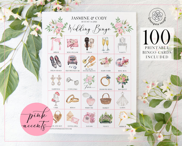 Wedding Bingo Cards - 100 card, Personalization, Pink - Greengate Images