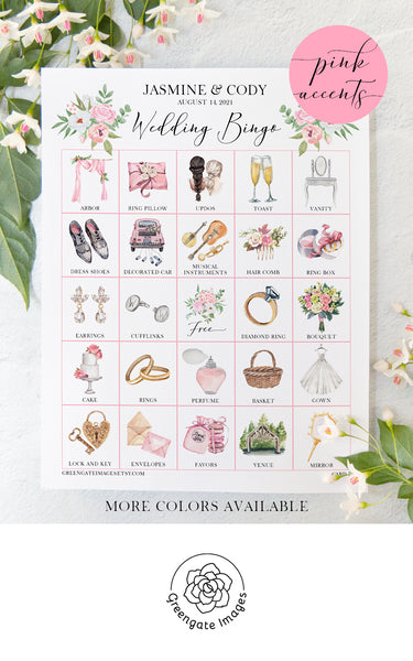 Wedding Bingo Cards - 100 card, Personalization, Pink - Greengate Images