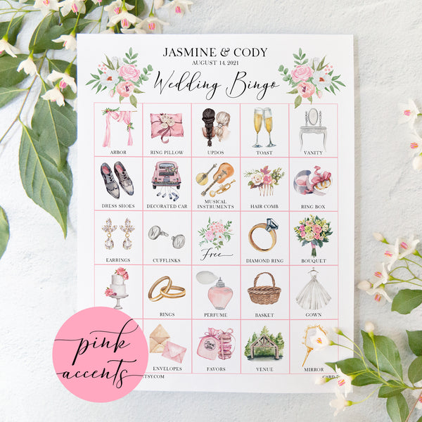 Wedding Bingo Cards - 100 card, Personalization, Pink - Greengate Images