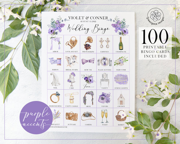 Wedding Bingo Cards - 100 card, Personalization, Purple - Greengate Images