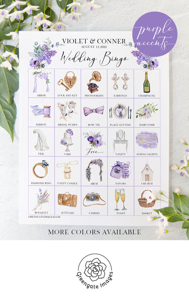 Wedding Bingo Cards - 100 card, Personalization, Purple - Greengate Images