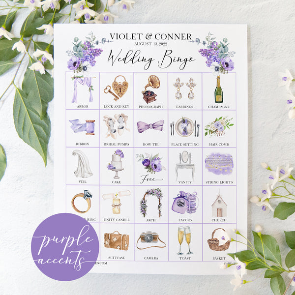 Wedding Bingo Cards - 100 card, Personalization, Purple - Greengate Images