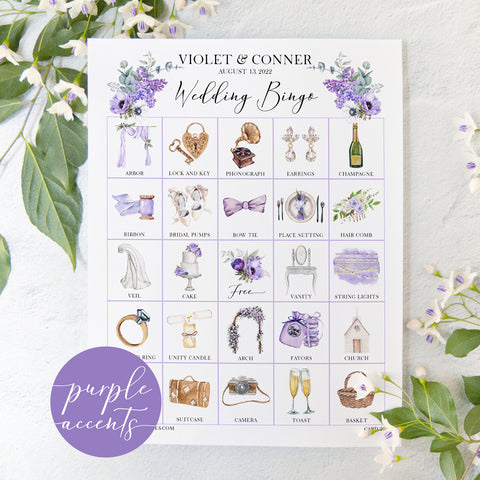 Wedding Bingo Cards - 100 card, Personalization, Purple