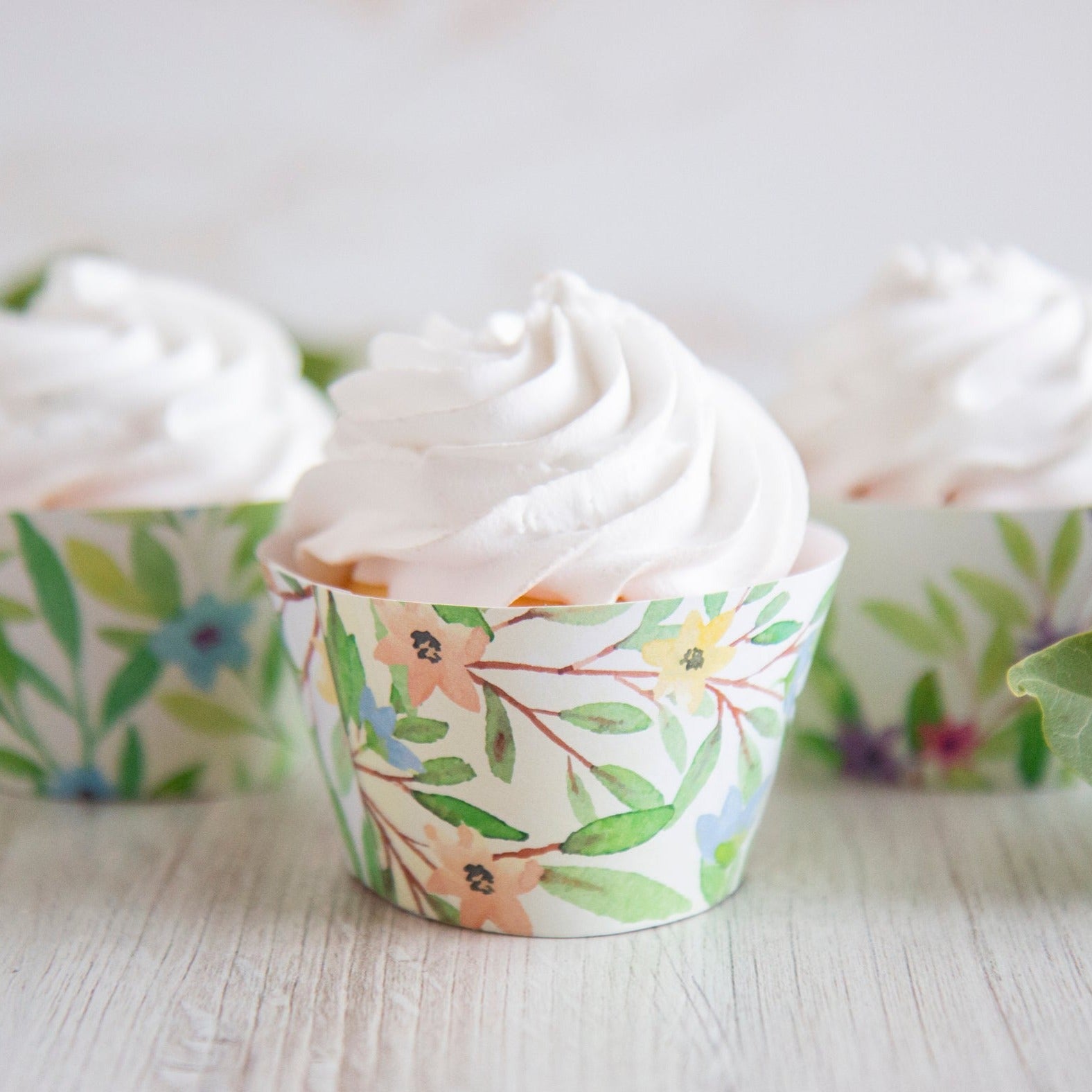 Floral Cupcake Wrapper - Spring Watercolor Leaves
