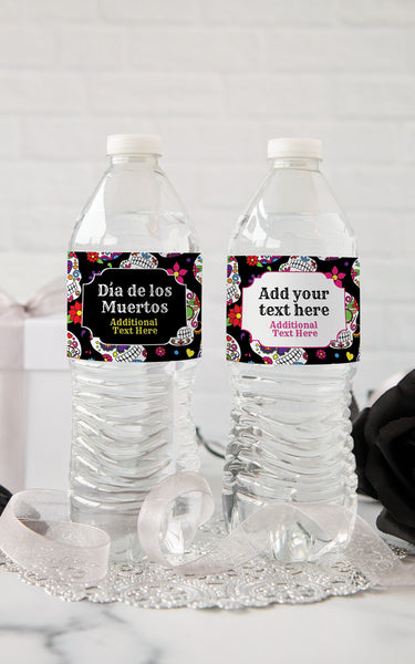 Sugar Skull Dia de los Muertos Water Bottle Label - Black