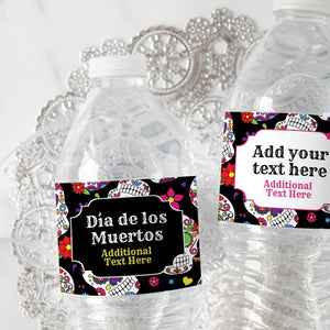 Sugar Skull Dia de los Muertos Water Bottle Label - Black