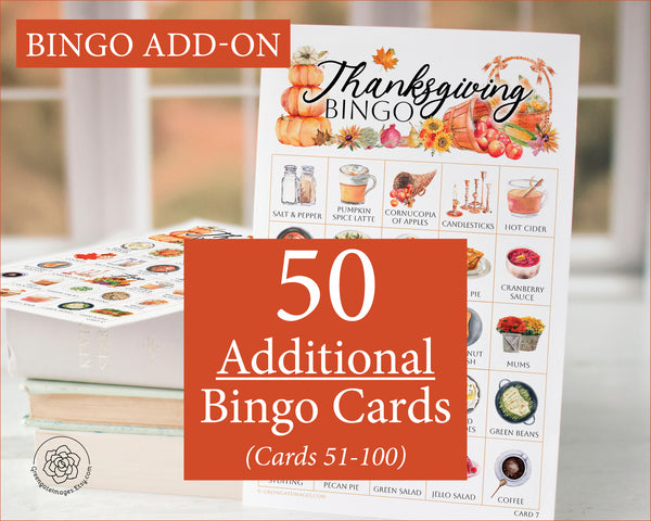 ADD-ON: 50 additional Thanksgiving bingo cards (numbered 51-100)